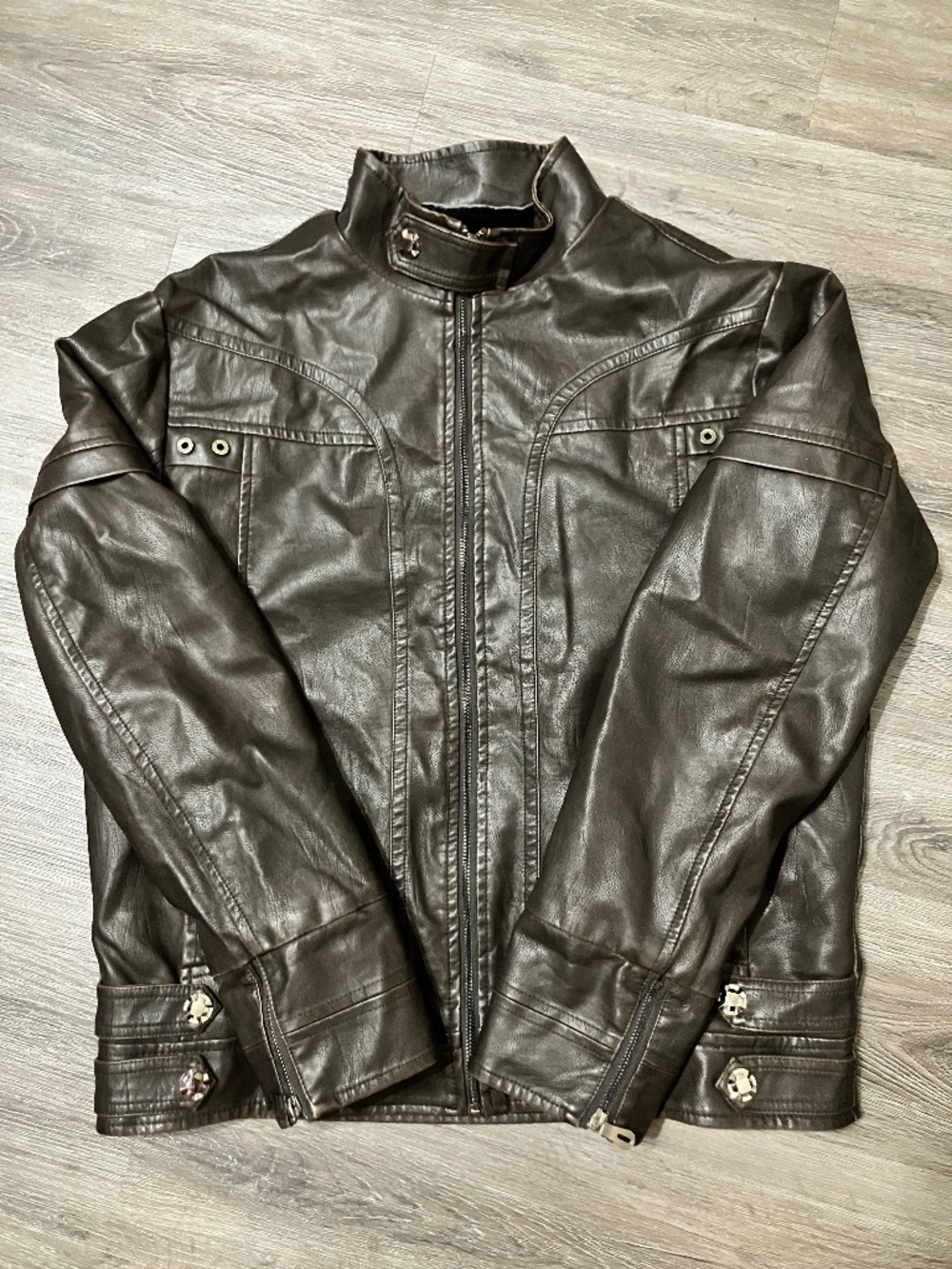 Mens Faux Leather Jacket Size M Brown Fleece Lined Moto Punk Bomber Winter Coat